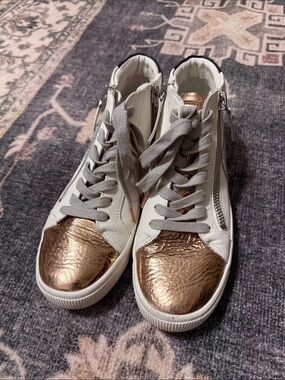Dolce Vita White High-Top Sneakers with Metallic Rose Gold Toe Caps